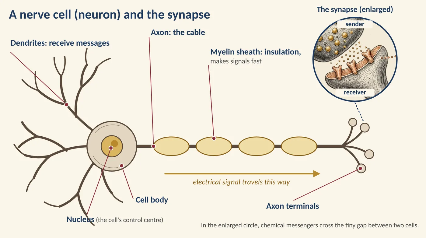 Figure 3.4 A neuron and its synapse. (Illustration created with AI tools.)