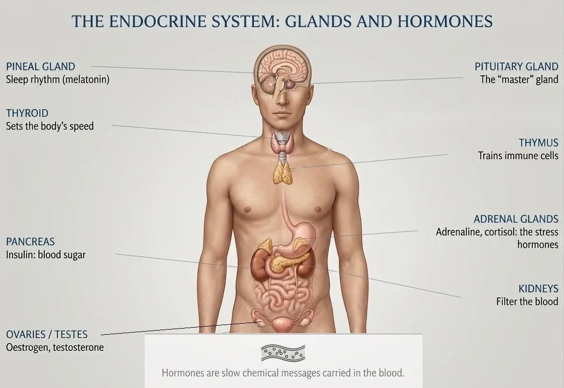 Figure 4.1 Main glands of the body and the chemical messengers they release. (Illustration created with AI tools.)
