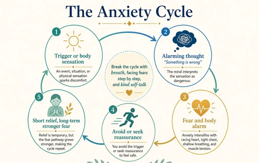 Figure 8.1 The anxiety cycle: avoidance gives short relief and keeps fear alive. (Illustration created with AI tools.)
