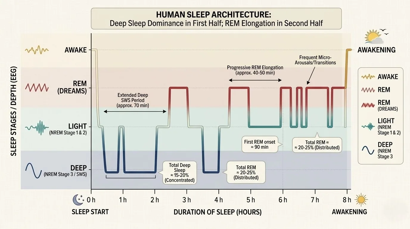 Figure 13.2 A night of sleep, in cycles of about ninety minutes. (Illustration created with AI tools.)