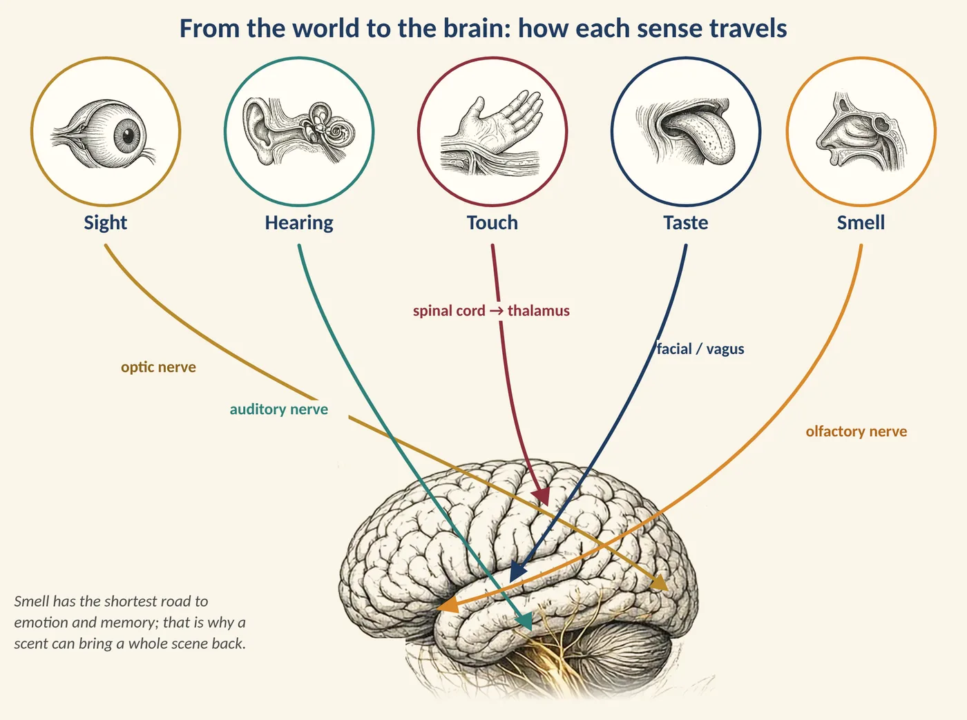 Figure 19.1 How each sense travels from the world to the brain. (Illustration created with AI tools.)