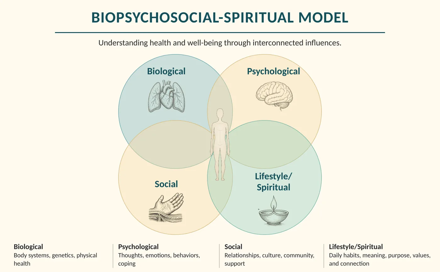 Figure 1.2 The biopsychosocial-spiritual model: body, mind, relationships and daily life work together. (Illustration created with AI tools.)